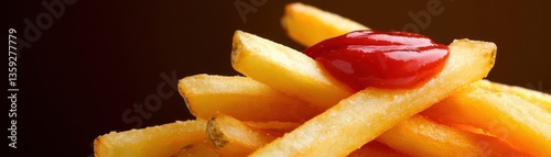 Golden French Fried Potatoes Piled with Red Tomato Ketchup