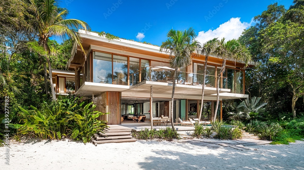 Modern tropical beach house with bamboo accents, white sandy beach steps away, lush greenery surrounds, bright midday sunlight