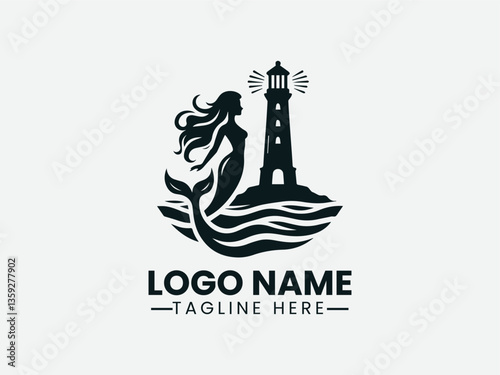 mermaid silhouette with lighthouse. Nautical fantasy logo