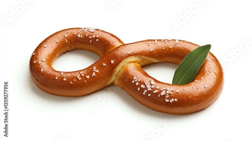 A Delicious Pretzel with a Green Leaf on a White Background