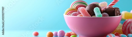 A vibrant pink bowl overflowing with colorful assorted candies treats