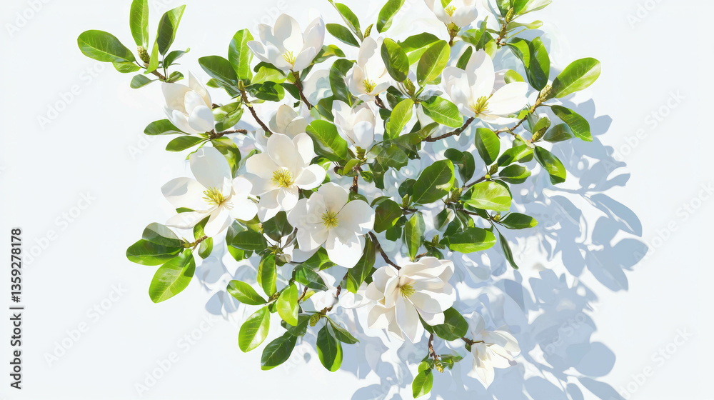 Fototapeta premium Magnolia tree reflection with white blossoms and green leaves for nature design