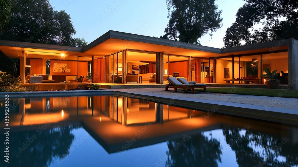 Fototapeta premium Modern villa with stylishly lit living room opening to a pool, serene reflections under starlight, sleek design blending interior and exterior 