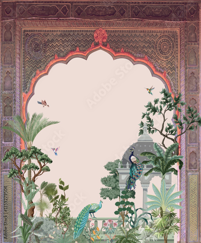 Art,Work,Door,In,City,Palace,Jaipur,,India, Mughal wedding Invitation. Mughal Garden Illustration, Peacock, Mughal Arch.