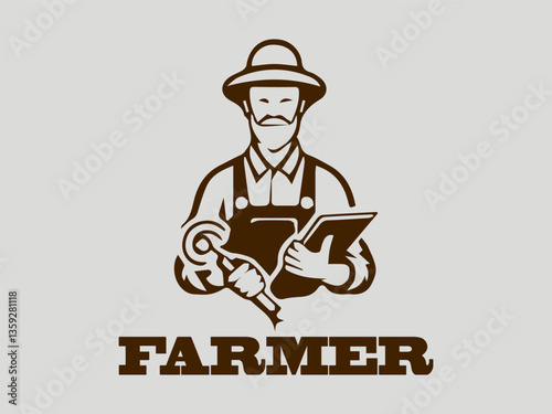 Silhouette of a farmer holding wheat against a farm landscape with sunburst, illustrated farmer portrait with cow silhouette, stylized illustration of  farmers with tools in a field and logo vector