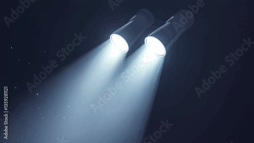 The image shows two bright, white light beams emanating from unseen sources in a completely dark environment. The beams are sharply defined, creating a strong contrast against the black background.