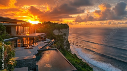 Oceanfront villa with an infinity pool extending into the sunset horizon, warm golden tones bathing the modern architecture, calm waves enhancing the serene ambiance. 
