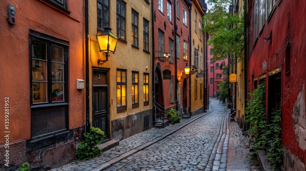 A narrow cobblestone street winds through colorful aged buildings A narrow cobblestone street winds through colorful aged buildings