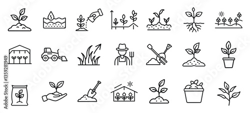 Agriculture and farming line icons set for planting and cultivation  
