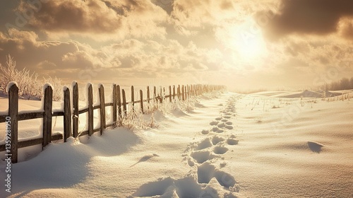Old wooden fence in an open snowy field, soft footprints leading into the distance, pale winter sun peeking through clouds 