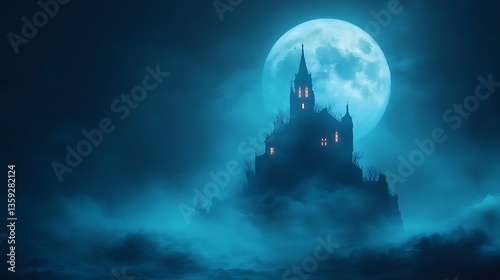 A spooky silhouette castle stands before a large bright moon