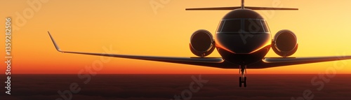 A sleek private jet flying through a beautiful sunset sky