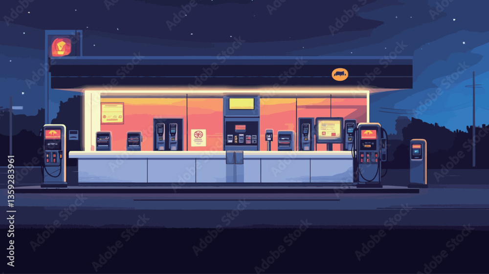 A digital illustration depicting the exterior of a modern gas station and convenience store at night. The building is rectangular with a predominantly dark-colored facade, illuminated by interior A digital illustration depicting the exterior of a modern gas station and convenience store at night. The building is rectangular with a predominantly dark-colored facade, illuminated by interior