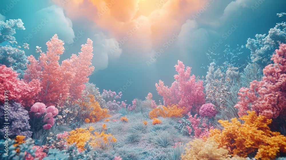 Fototapeta premium Vibrant coral reef underneath sunlight filtering through clouds in a clear blue ocean scene