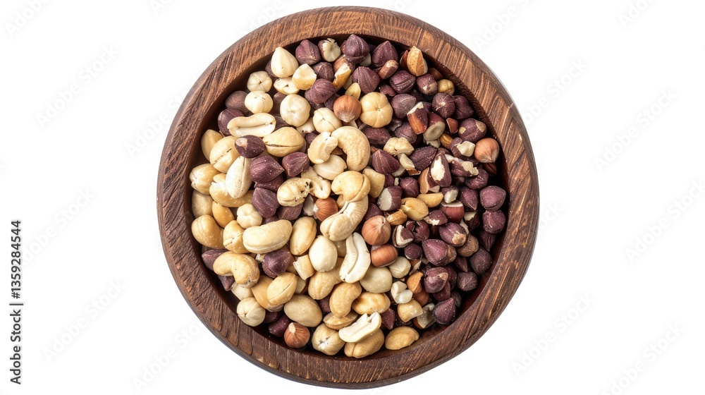 Wooden bowl filled with assorted nuts on a white background. Top down aerial view of various nut in wooden bowl with white background. Food photograph. Healthy snack and nutrition concept. AIG51. Wooden bowl filled with assorted nuts on a white background. Top down aerial view of various nut in wooden bowl with white background. Food photograph. Healthy snack and nutrition concept. AIG51.