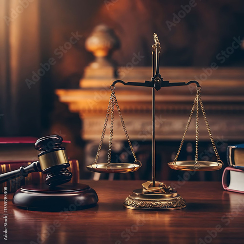 Justice Scales and Gavel on Wooden Table