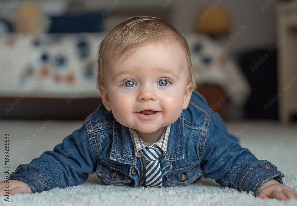 Adorable Little Boy Crawling on White Carpet in Modern Living Room