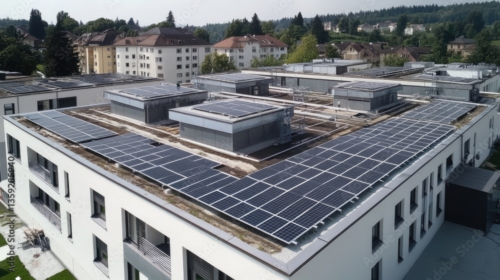 Aerial View of Modern Building with Extensive Solar Panels Aerial View of Modern Building with Extensive Solar Panels