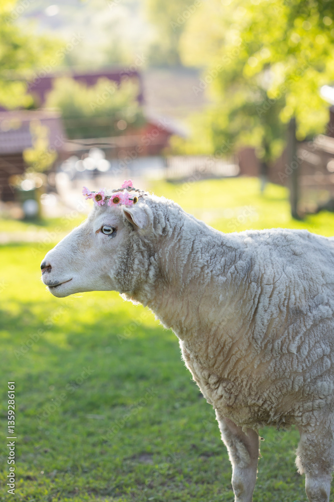 Fototapeta premium A cute sheep with flower wreath in green grass. Easter concept.
