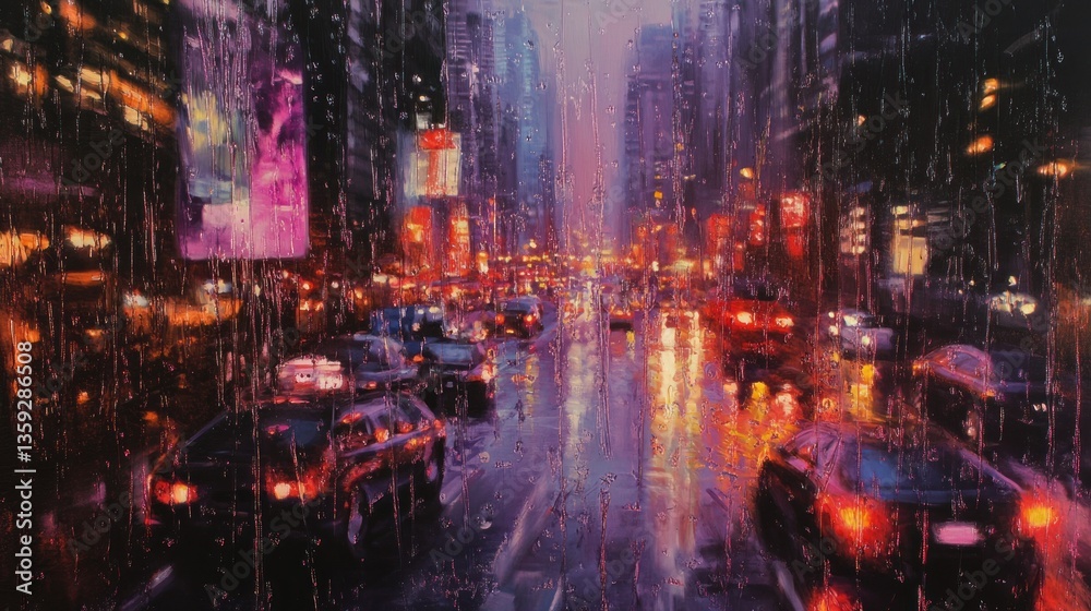 Obraz premium City street view at night during a rainstorm presents cars