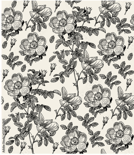 Seamless pattern Rosehip Rose fabric blooming realistic isolated flowers. Vintage background. Set Jasmine wildflowers. Wallpaper baroque. Drawing engraving. Vector illustration