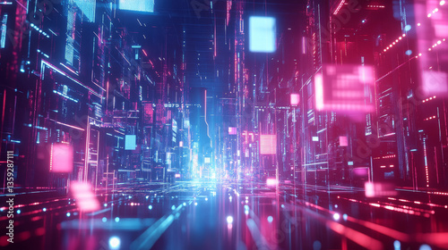 Wallpaper Mural Hi-tech background 3D illustration. Cyber field in neon rays, big data array and techno innovation. Abstract movement of light shards of incandescent faces Torontodigital.ca