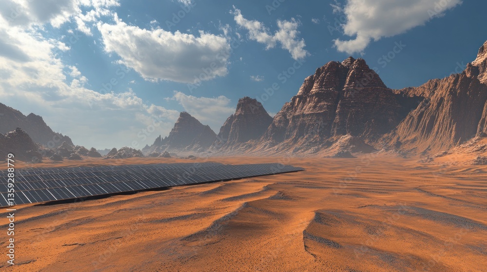 Fototapeta premium A desert landscape with solar panels beneath a cloudy blue sky