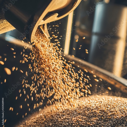 Grain miller operating a traditional grain mill with freshly ground grains in the background