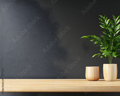 Minimalist wooden shelf with potted plant against dark wall