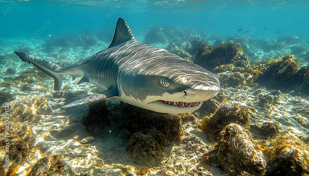 Obraz premium A large shark swims underwater near the ocean floor gracefully