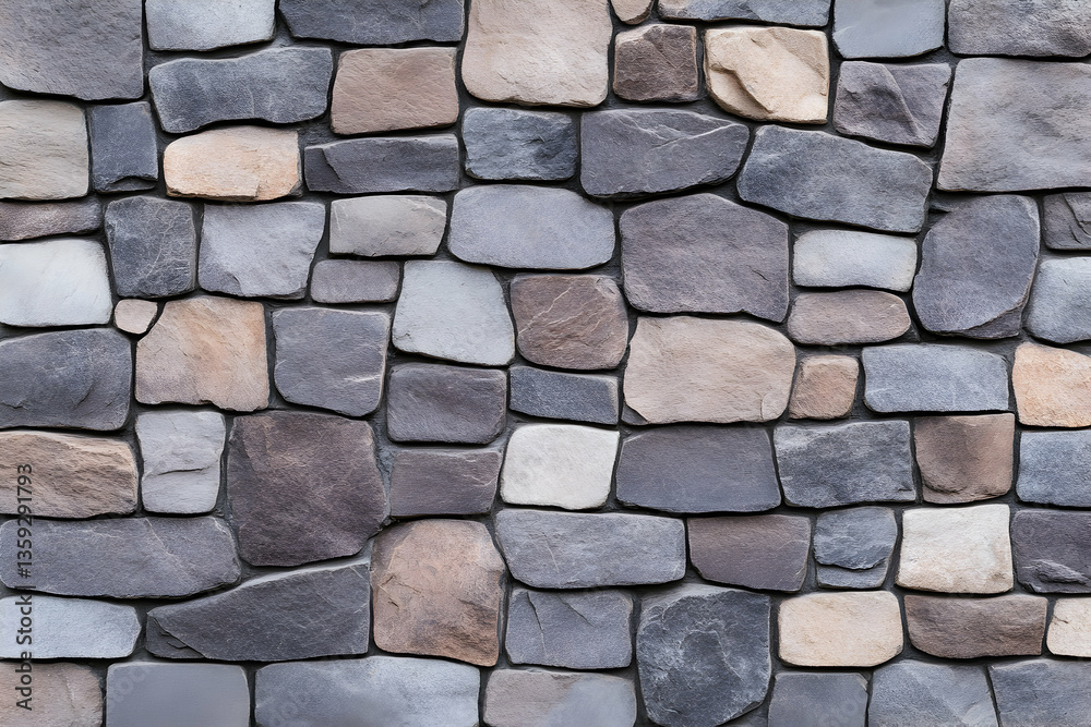 Fototapeta premium Multicolored stone wall texture, various shades of gray, brown, beige, close-up view