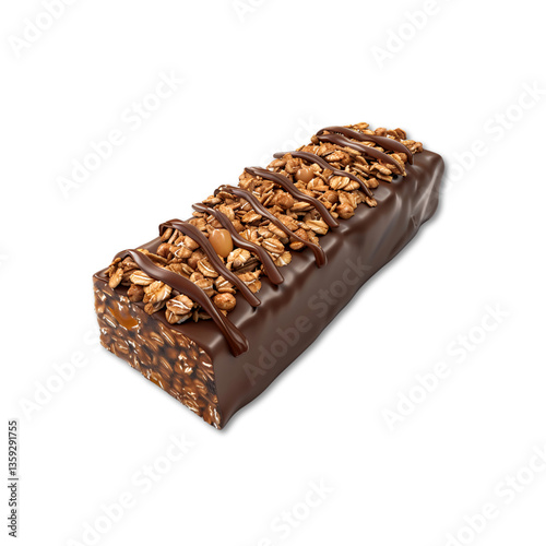 Chocolate granola bar with caramel and oats isolated on transparent background