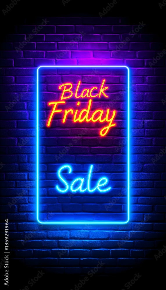 Obraz premium Neon Black Friday sale sign on brick wall
