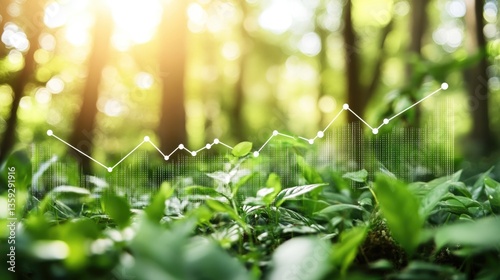 Eco-Growth: The image presents a vibrant and lush forest floor bathed in sunlight, overlaid with a dynamic growth chart, symbolizing the flourishing of nature.