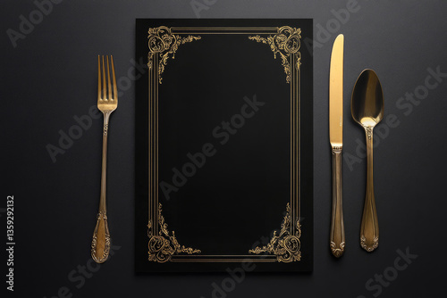 Sophisticated black menu featuring gold foil accents and a gold fork for upscale dining experiences