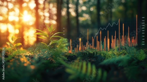 Growth in Nature: Visualize a data-driven financial concept flourishing within a vibrant forest, where business and nature intertwine, showing financial growth.