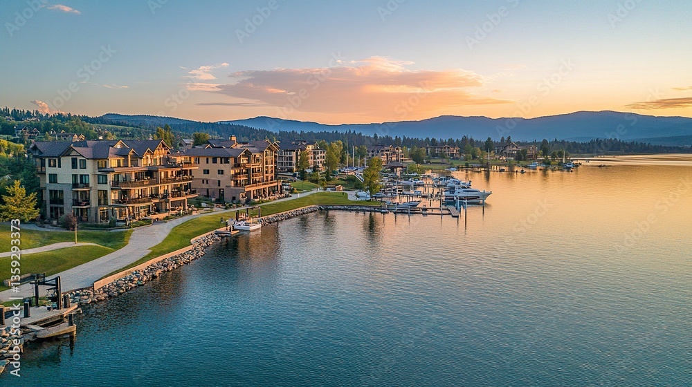 Fototapeta premium Sandpoint Idaho, sandy park overlooking Lake Pend Oreille, waterfront condos and marinas alive with boats, clear summer day glow 