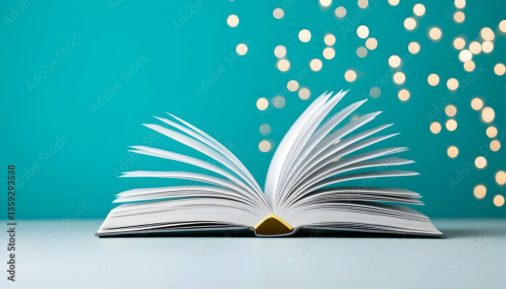 Open book on table with bokeh lights Open book on table with bokeh lights