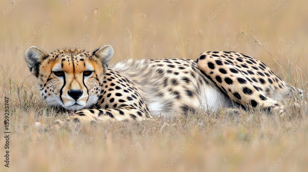 A cheetah rests calmly while lying in the tall grass A cheetah rests calmly while lying in the tall grass