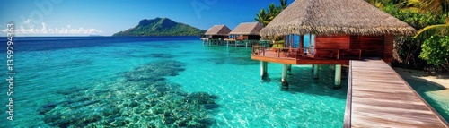 Overwater bungalows and clear turquoise ocean on a tropical island