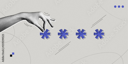 Trendy Halftone Collage with Human Hand with Pin Code. Password authentication. Web identify. Fingers holding passkey. Protecting your personal data online. Contemporary vector illustration art