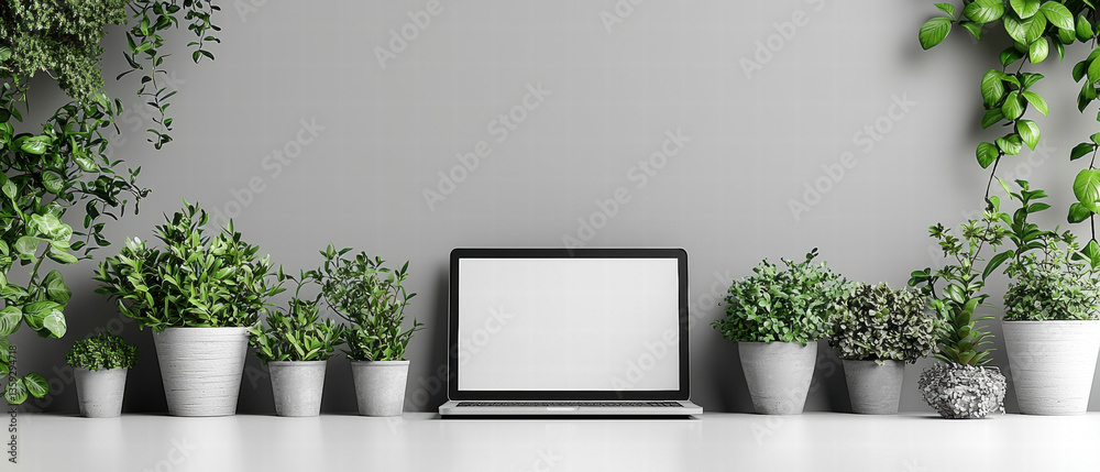 minimalist workspace featuring laptop surrounded by various potted plants, creating serene and refreshing atmosphere. greenery adds touch of nature, enhancing productivity and focus