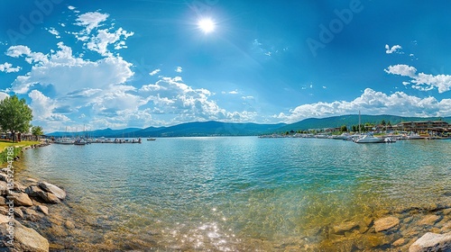 Scenic view from Sandpoint City Beach Park, Lake Pend Oreille shimmering under summer sunlight, waterfront resorts and marinas filled with boats, vibrant greenery 