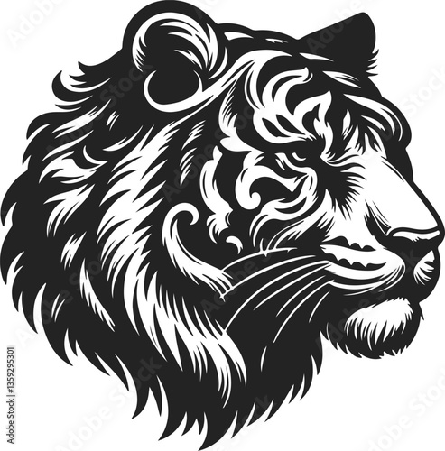 Vector illustration of a lion head with tribal design, showcasing a bold and dynamic wild animal mascot in black silhouette style