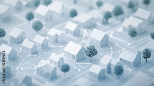 High-angle, close-up view of a miniature architectural model depicting a town or residential area. The model is predominantly white or light-grey, featuring small, simplified house structures and