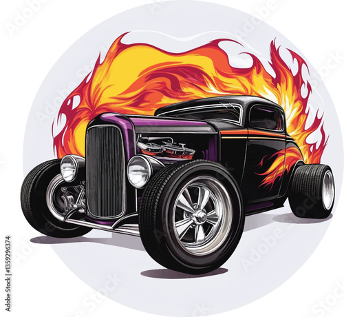 An isolated hot rod car with exaggerated flames, Vector, PNG, T-shirt design