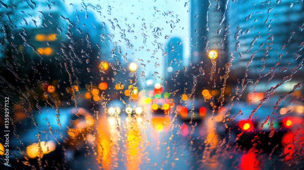 Obraz premium City lights blurred by rain on the windshield create a beautiful scene