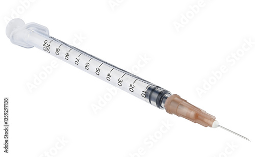 Disposable syringe for injection of insulin isolated on a transparent background. Completely in focus. Full depth of field. PNG.