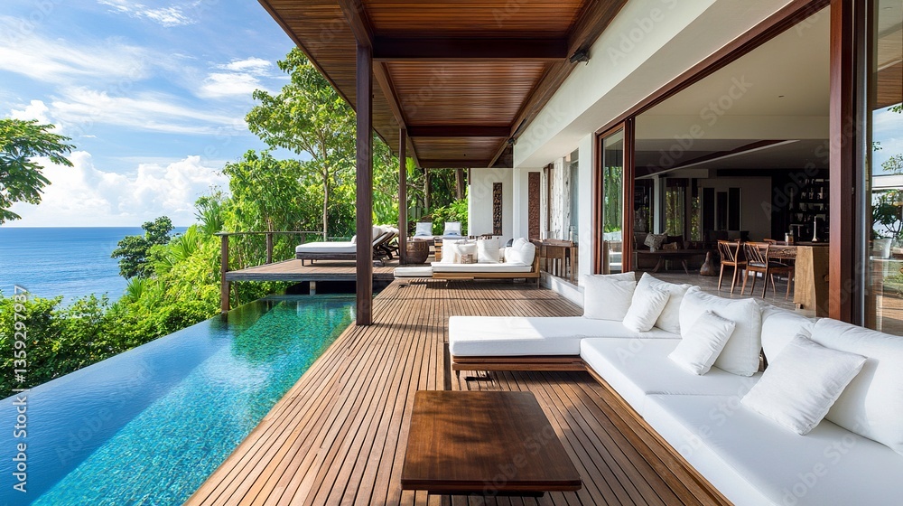 Fototapeta premium Serene villa interior, sea-view living room with pool and wooden deck, pristine white walls reflecting natural light, open and tranquil 
