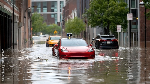 A flooded city street with electric vehicles navigating the high water levels their sensors and technology helping to guide them safely through the challenging weather conditions